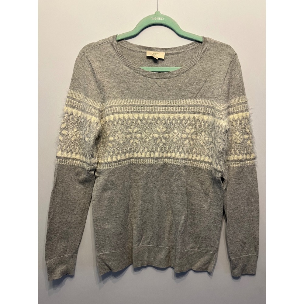 Loft Outlet Grey Fair Isle Eyelash Knit Cotton Sweater Crew Neck Pullover 323